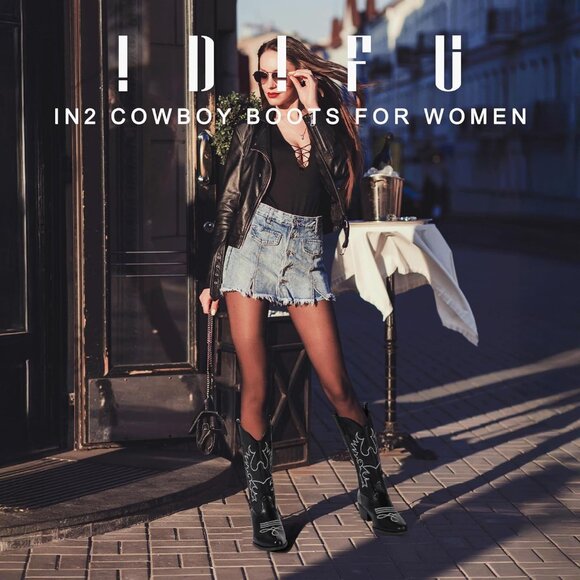 Women Black Manmade Material Mid Calf Embroidered Low Heel Pointed Toe Boots - Picture 2 of 6